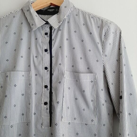 MANGO 1/4 Button Down Shirt White & Blue Stripe w/ Diamond Pattern Sz S - Picture 4 of 13